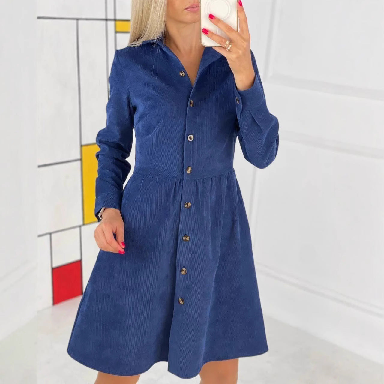 Corduroy Shirt Dress in a Flared Mini Cut — Long Sleeve Button Front for Fall