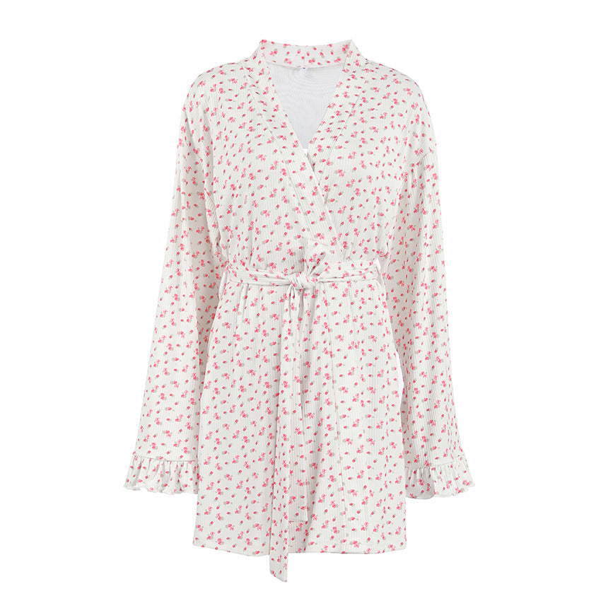 Women's floral long-sleeve nightgown, V-neck, tie waist, ruffle cuffs, white with pink/red