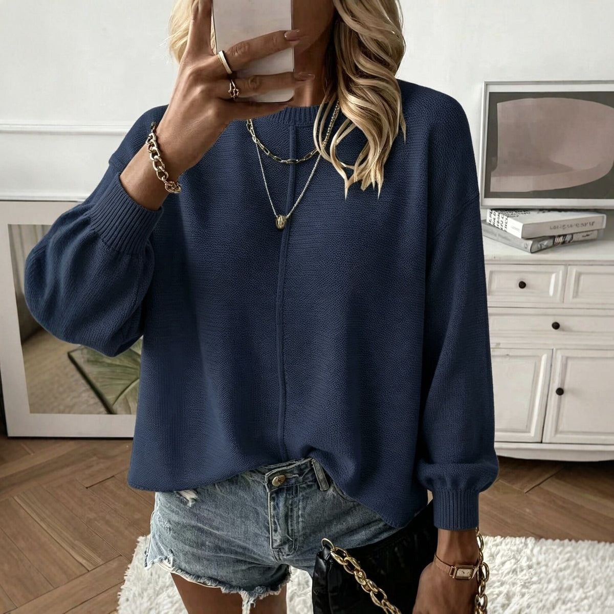 Oversized Knit Sweater for Women — Round Neck Drop Shoulder Pullover in Soft Cotton
