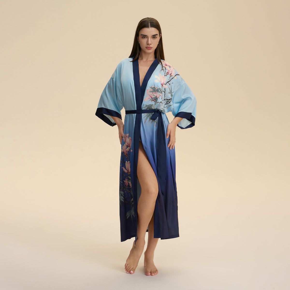 Blue satin V-neck robe nightgown with tie belt, floral accents, mid-calf length