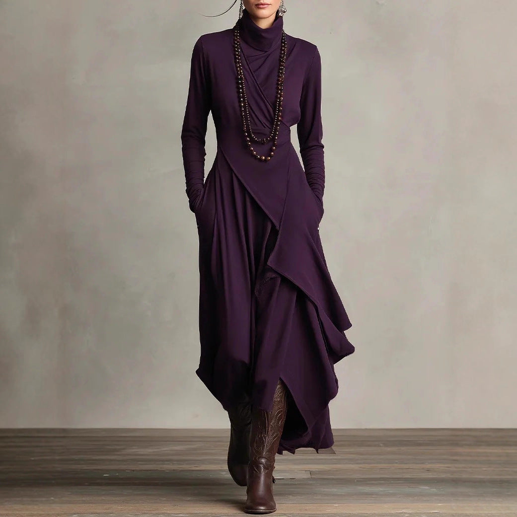 Turtleneck Maxi Dress — Long Sleeve Asymmetric Draped Skirt with Pockets in Viscose