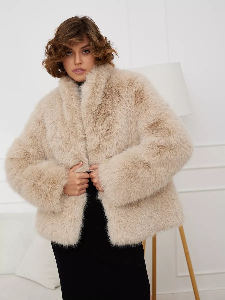 Cream faux fur mid-length coat with open shawl collar and long sleeves