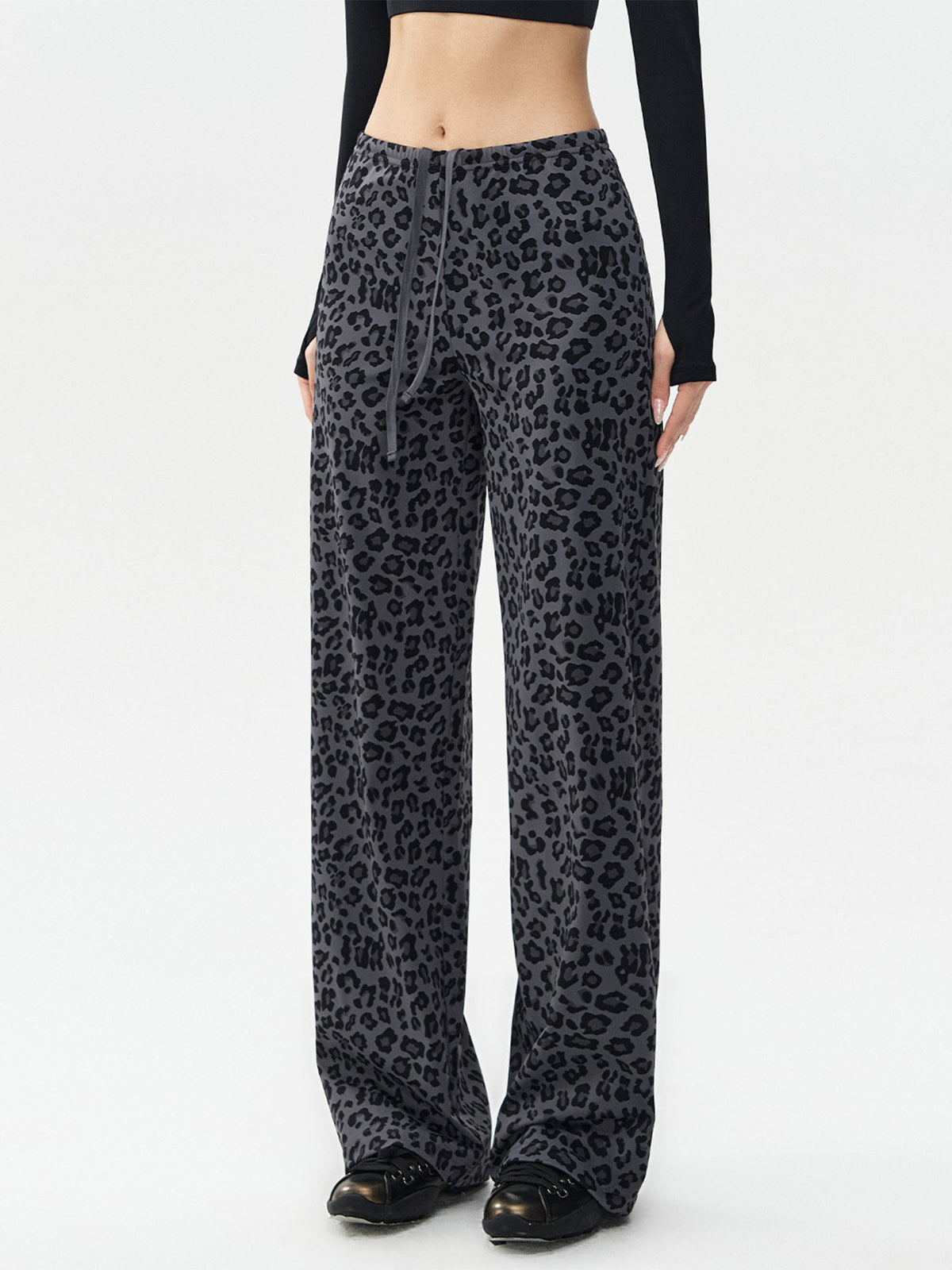 Women’s wide-leg leopard-print leggings in gray with dark spots, full-length with drawstring.