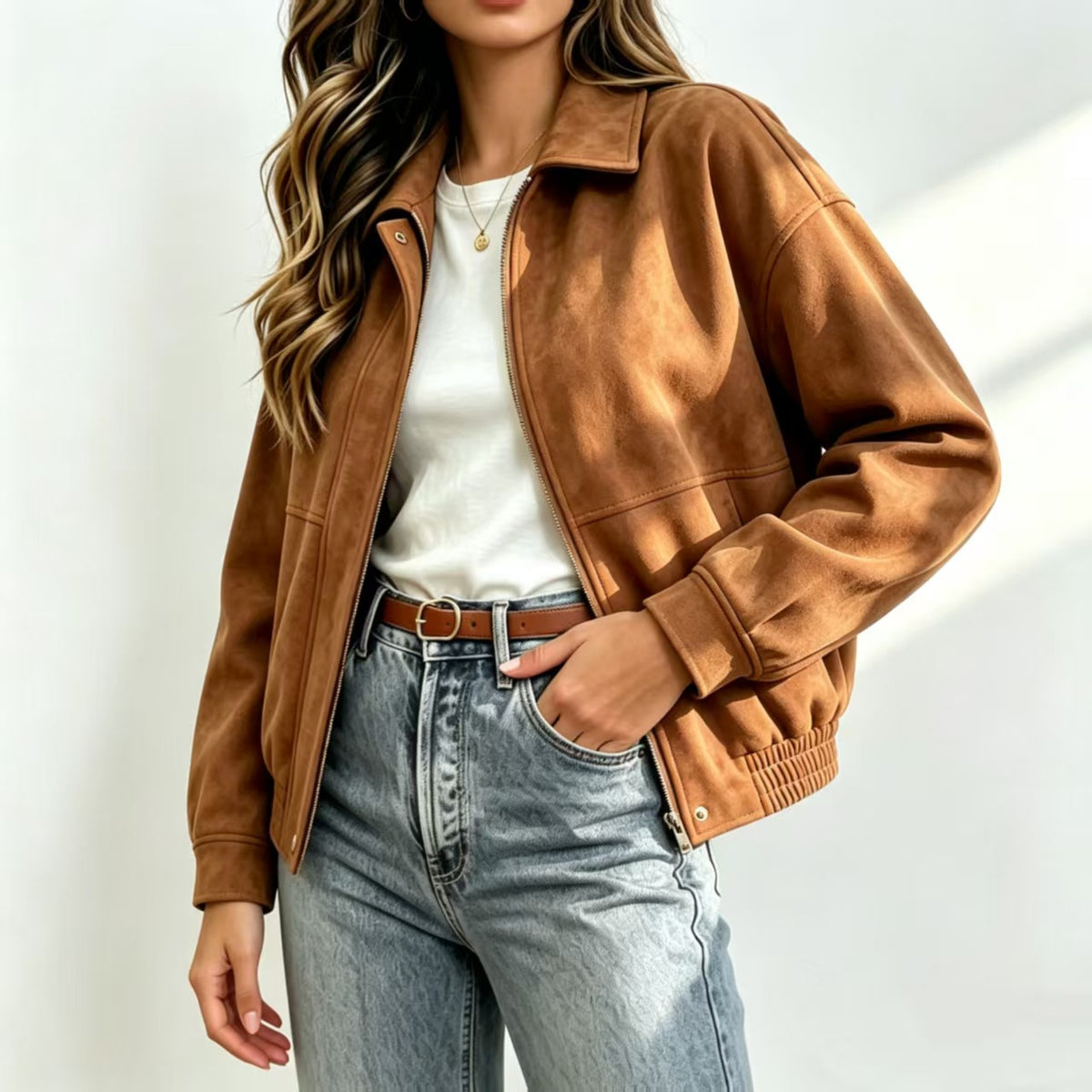 Brown suede lapel zipper jacket with ribbed cuffs and side pockets