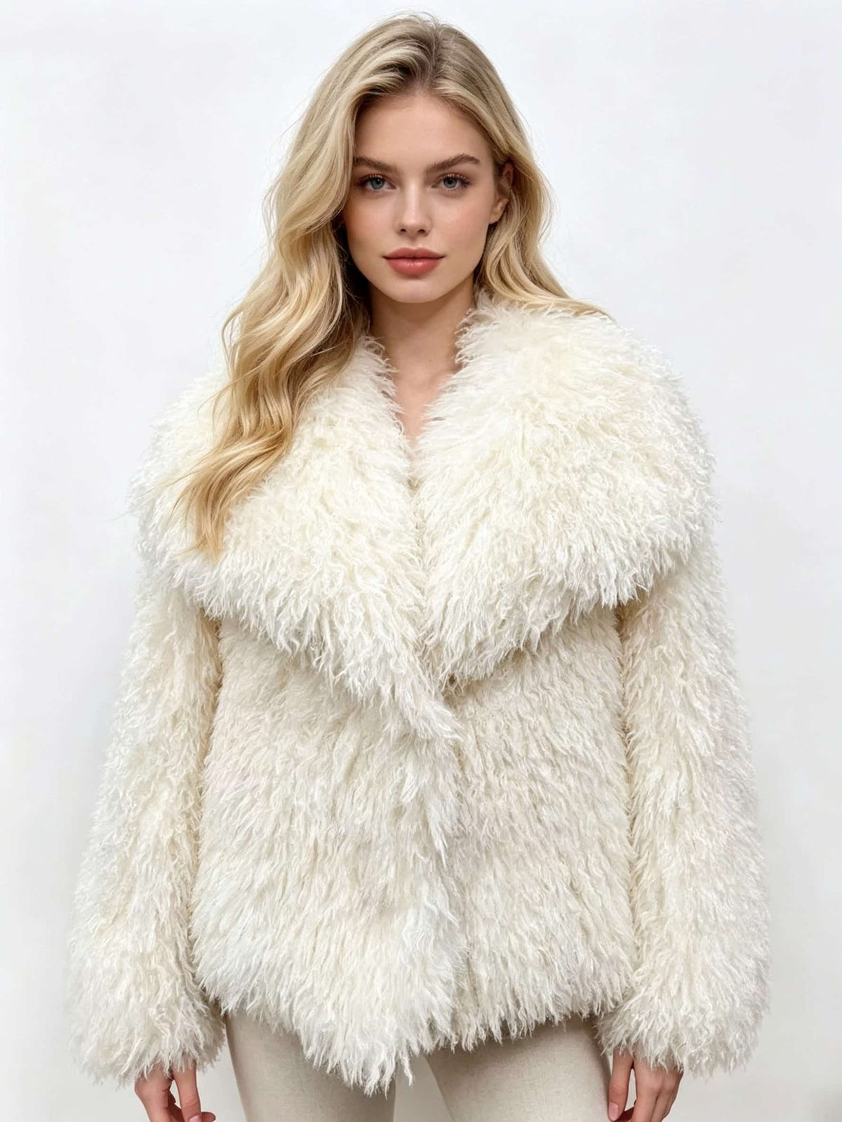 Off-white shaggy fur coat with long sleeves and open front