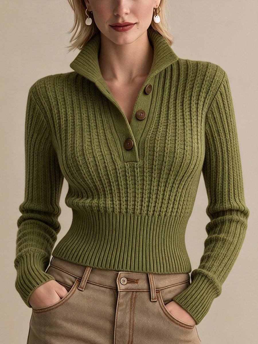 Women’s ribbed knit polo sweater, half-button collar, olive green pullover