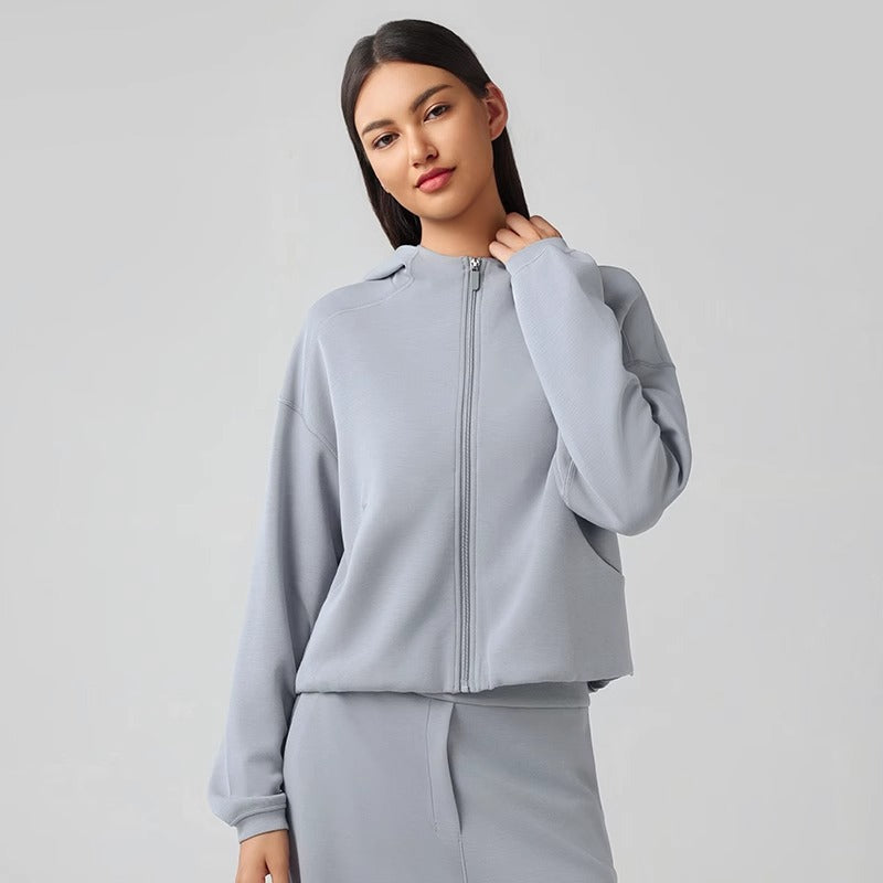 Cropped Zip Up Hoodie for Women — Oversized Hood and Elastic Hem in Brushed Cotton Blend