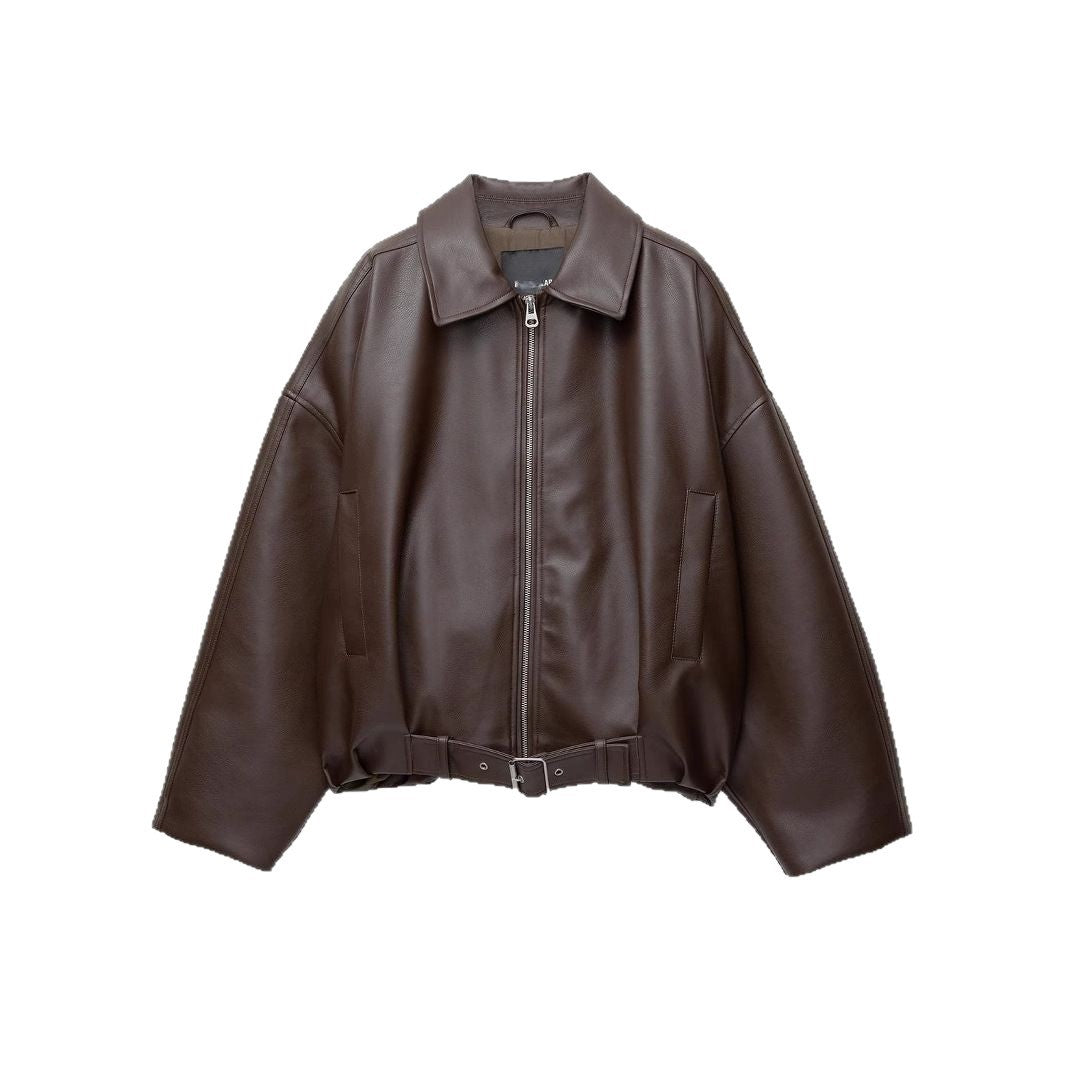 Brown faux leather pilot jacket with front zipper, stand collar, and belt