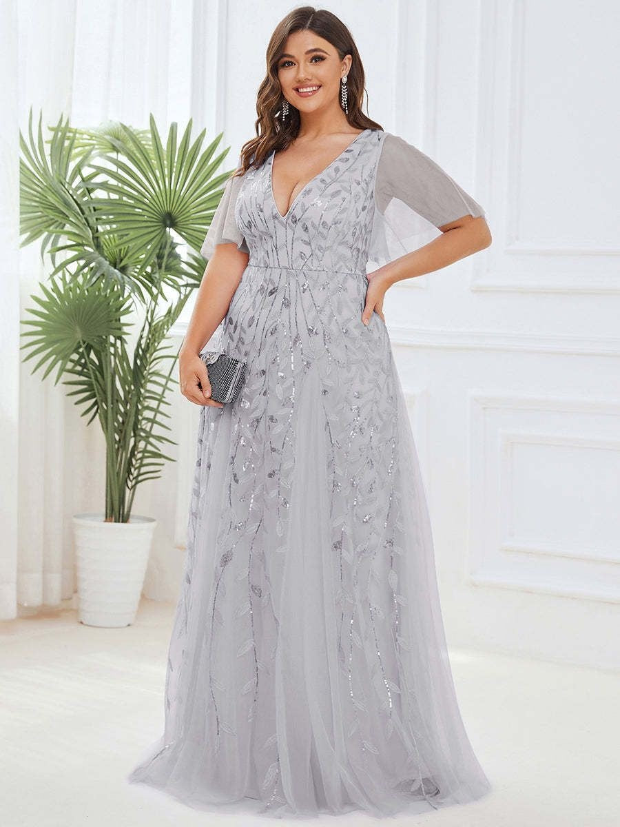 Sequined mesh fishtail gown, light gray, V-neck short sleeves, flowing tulle skirt