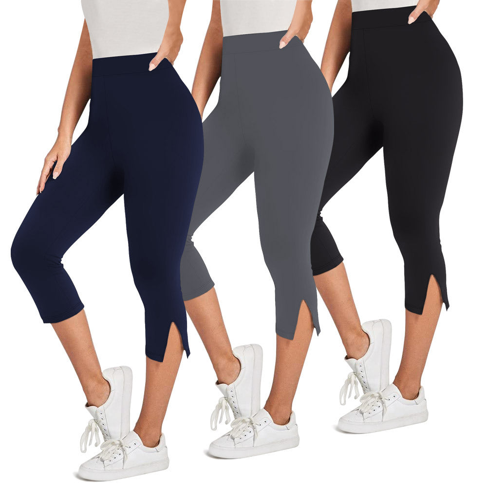Capri Leggings for Women — High Waisted Cropped Fit with Side Split Hem in Stretch Nylon