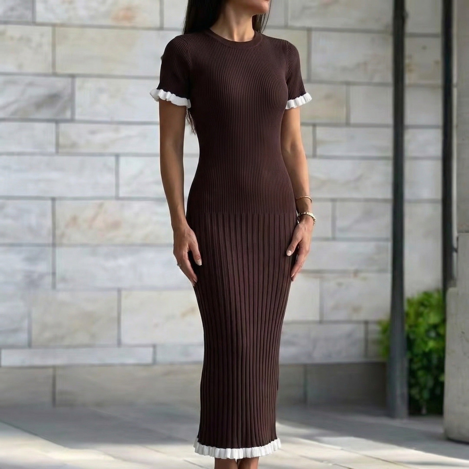 Ribbed bodycon midi dress, chocolate brown knit with white contrast ruffle trim at cuffs and hem