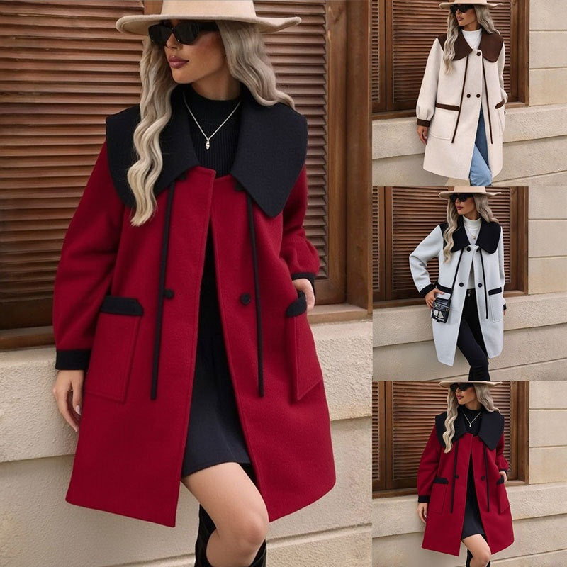 Women’s color-block wool coat with shawl collar, red front with dark sleeves and buttons