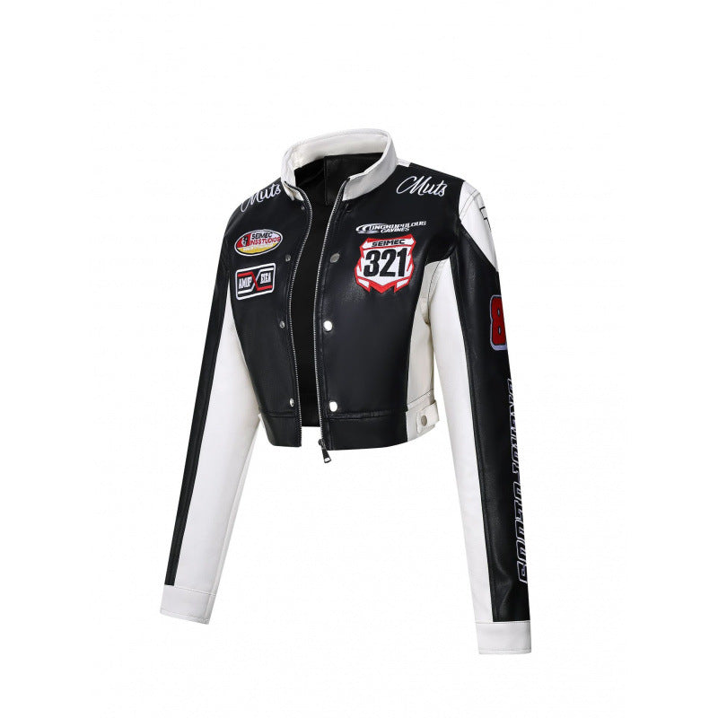 Women's motorcycle jacket, black main with white inserts, front snap placket and patch