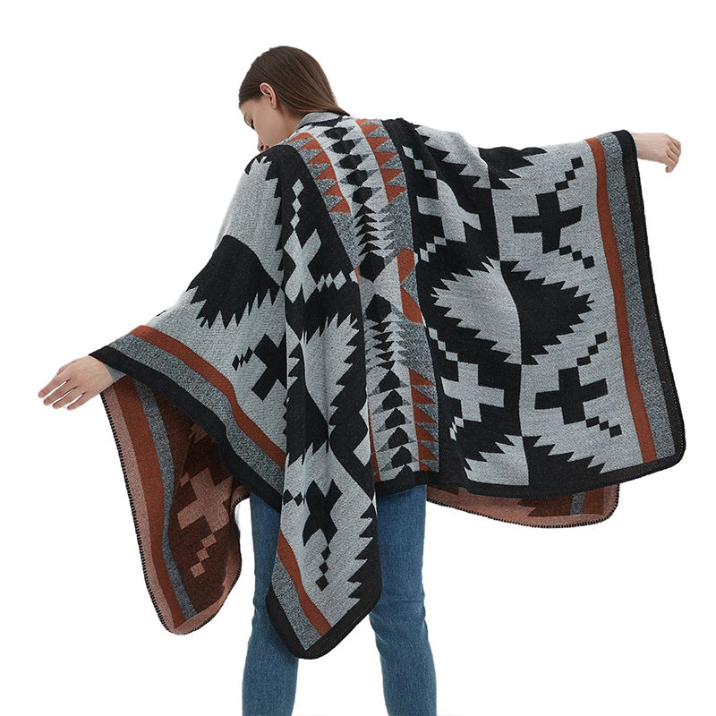 Blanket Poncho for Women — Reversible Aztec Print Ruana Wrap in Wool Blend