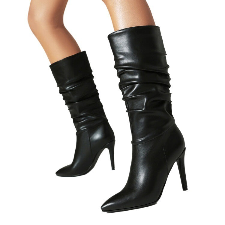Slouch Boots for Women — Pointed Toe Stiletto Mid Calf Style in Faux Leather