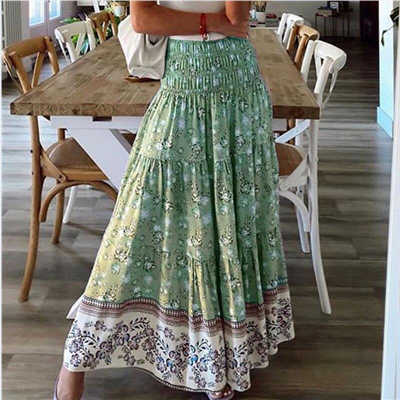 Green floral maxi skirt with tiered ruffle hem and gathered waistband