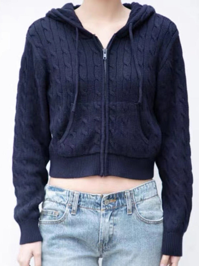 Navy cropped cable-knit zip-up hoodie with hood and front pockets