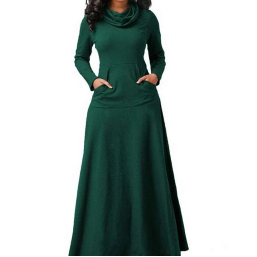 Maxi long-sleeve dress with cowl scarf neck and side pockets, dark green