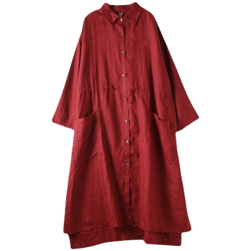 Linen Shirt Dress — Oversized Midi Style with Button Front and Patch Pockets
