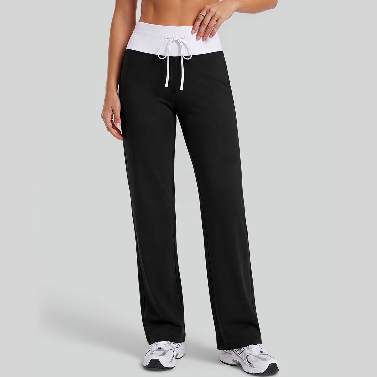 Women's loose drawstring straight pants, black, high rise, wide leg