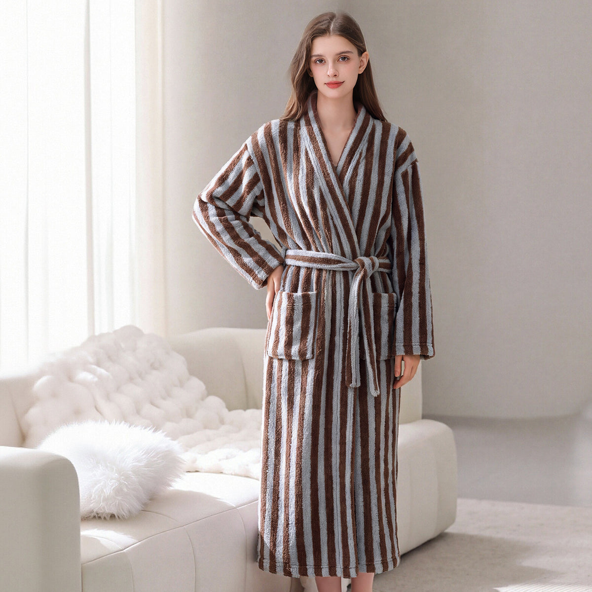 Brown and grey striped fleece robe with shawl collar and tie belt, robe pockets.