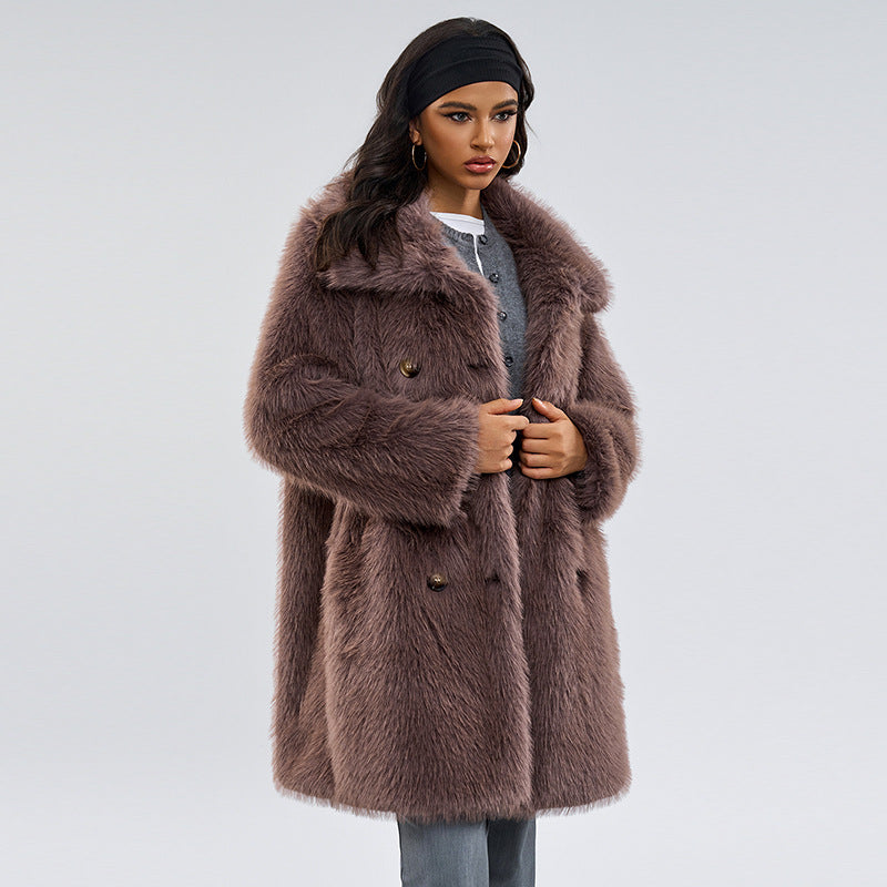 Long faux fur coat with sash belt, taupe-brown, gold-tone button front