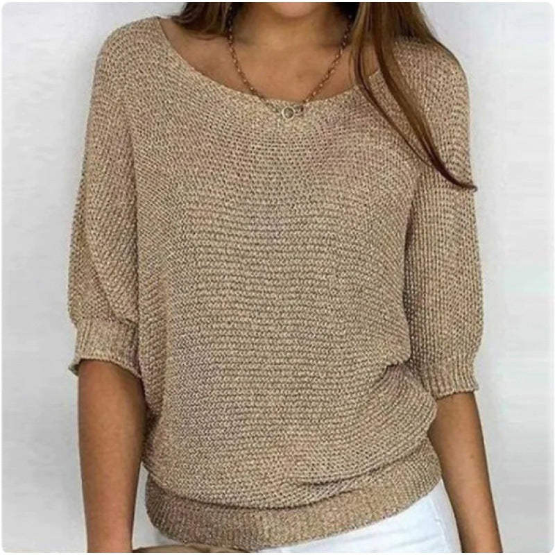 Off-shoulder knit sweater in khaki beige, batwing sleeves with gathered cuff detail