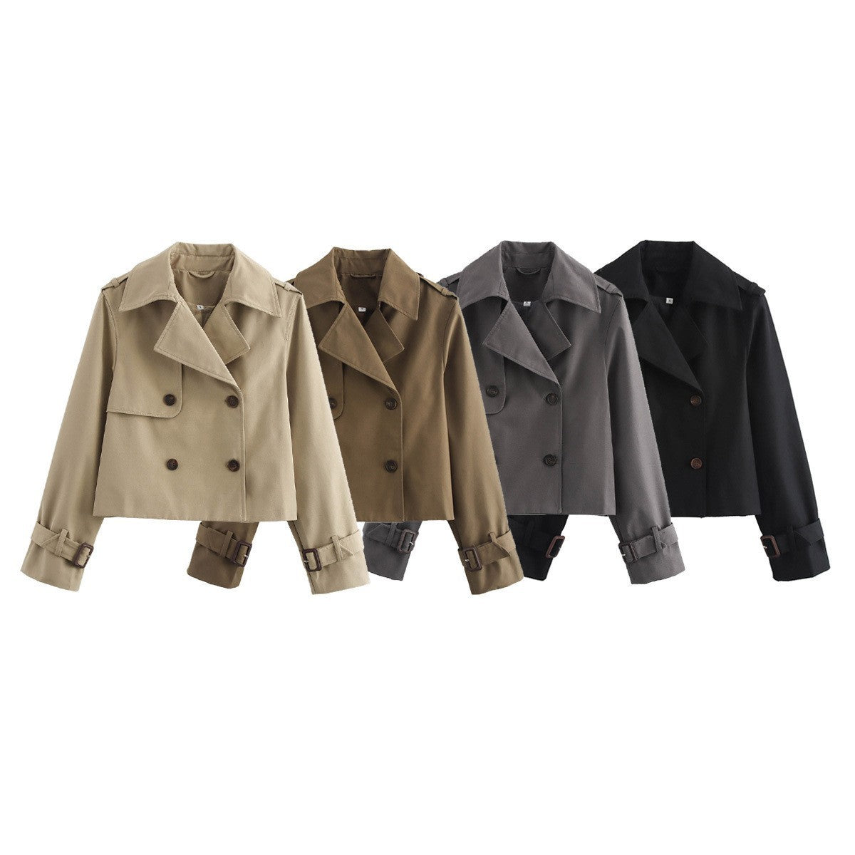 Assorted cropped trench jackets in neutral and black tones, epaulette style with cuffs