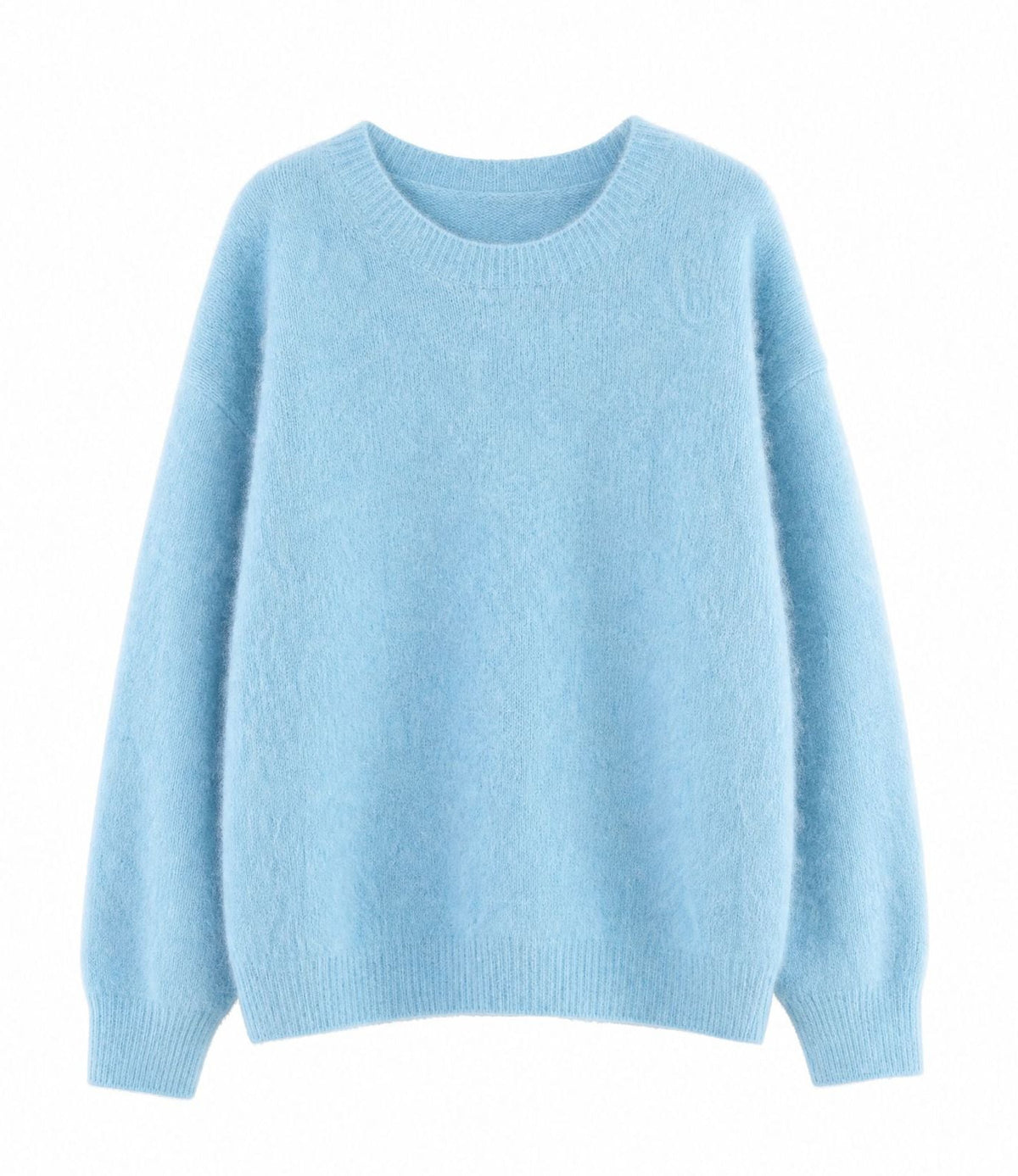 Women’s crew neck cashmere sweater in light blue brushed knit with ribbed trim