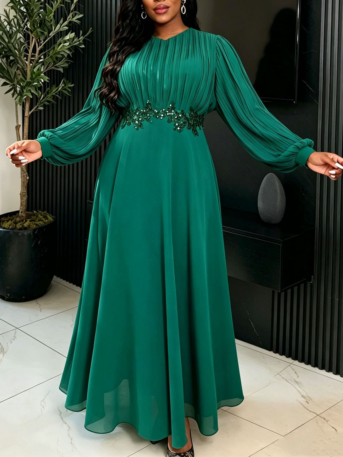 Chiffon Maxi Dress for Women — Pleated Lantern Sleeve Evening Gown with Sequin Waist