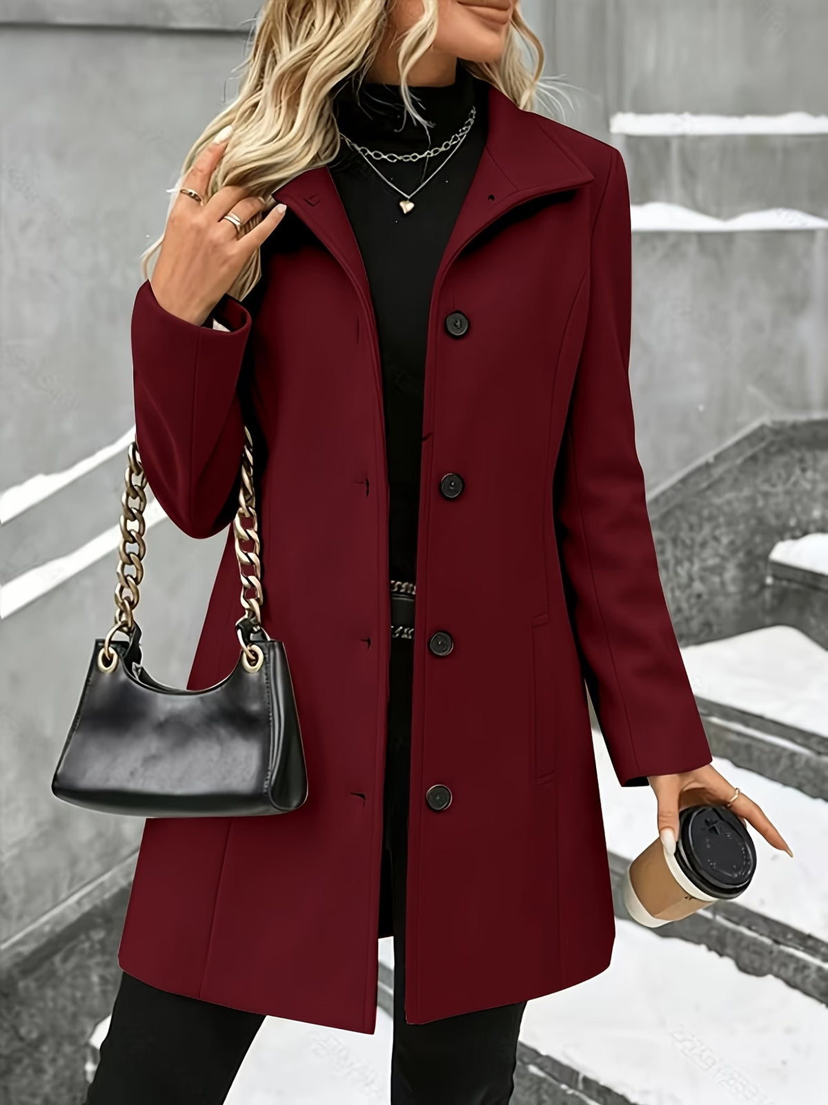 Women’s mid-length wool coat in wine red, turn-down collar, single-breasted button front