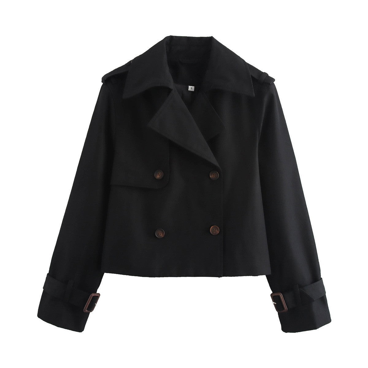 Black cropped trench jacket with epaulette, double-breasted front, buckle cuffs