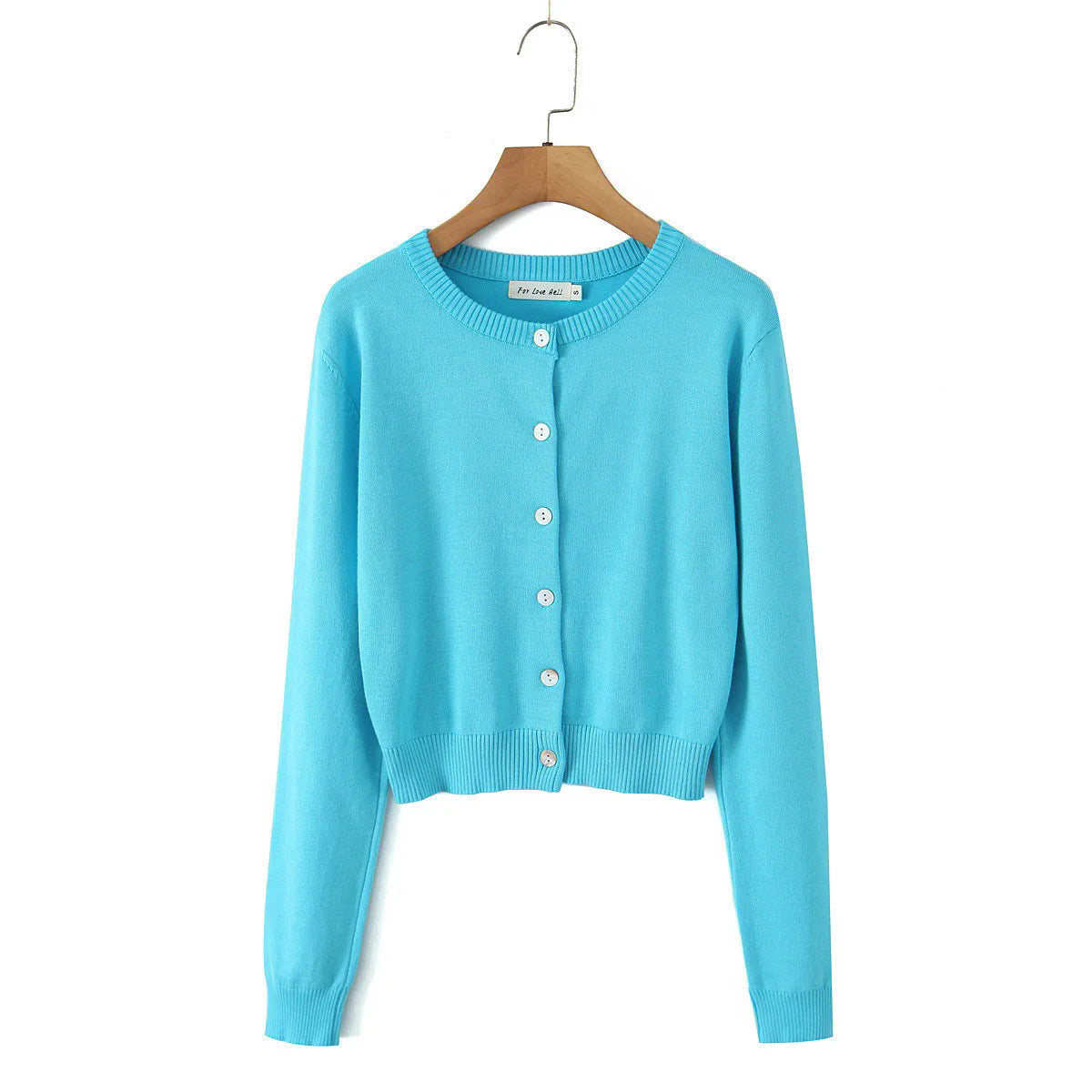 Blue knit cardigan, round button placket, long sleeves