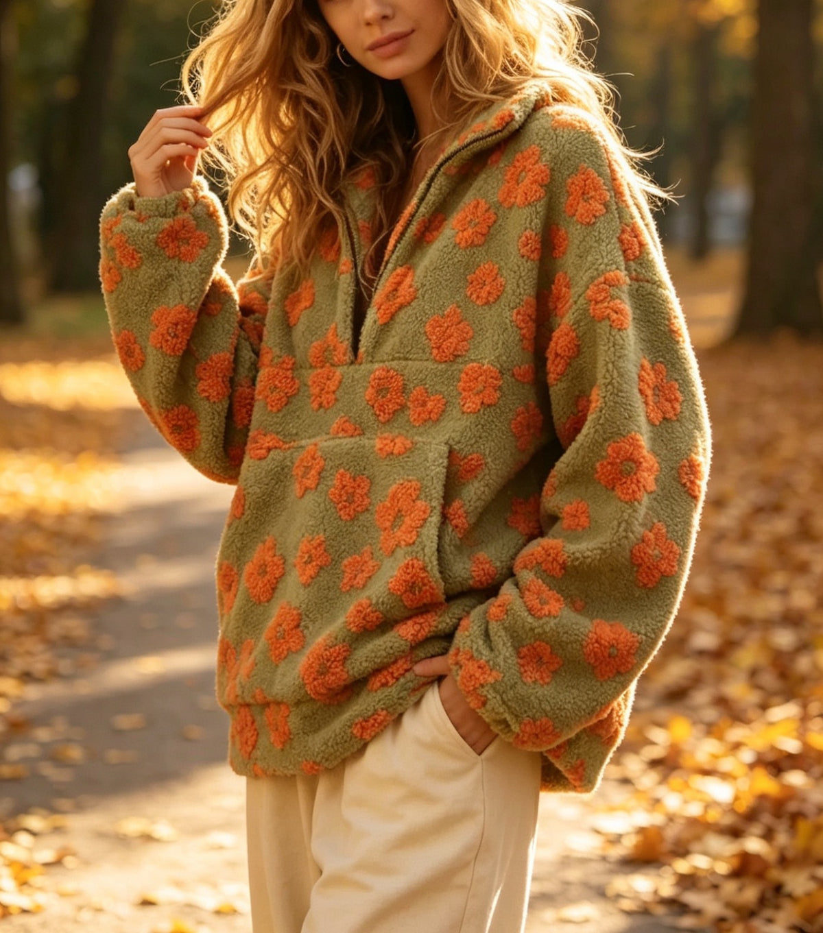 Green fleece half-zip hoodie with orange floral pattern, front pouch pocket