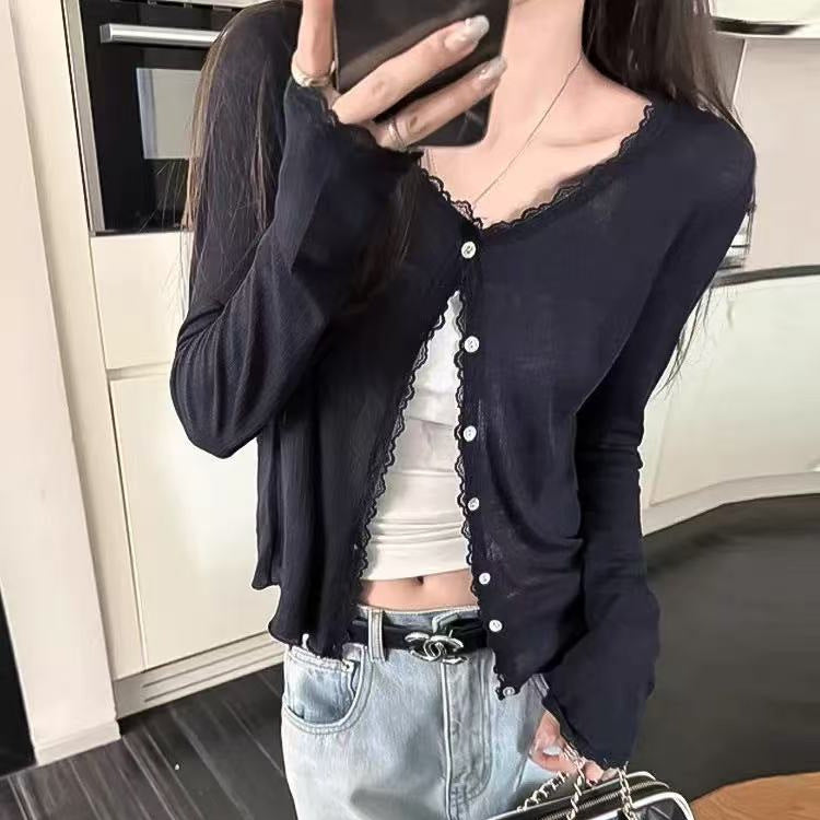 Women\u2019s sheer black lace-trim button-front cardigan, open V neckline
