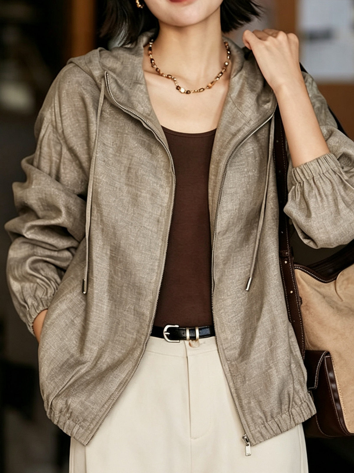 Light khaki gray linen zip-up hooded jacket with drawstring hem