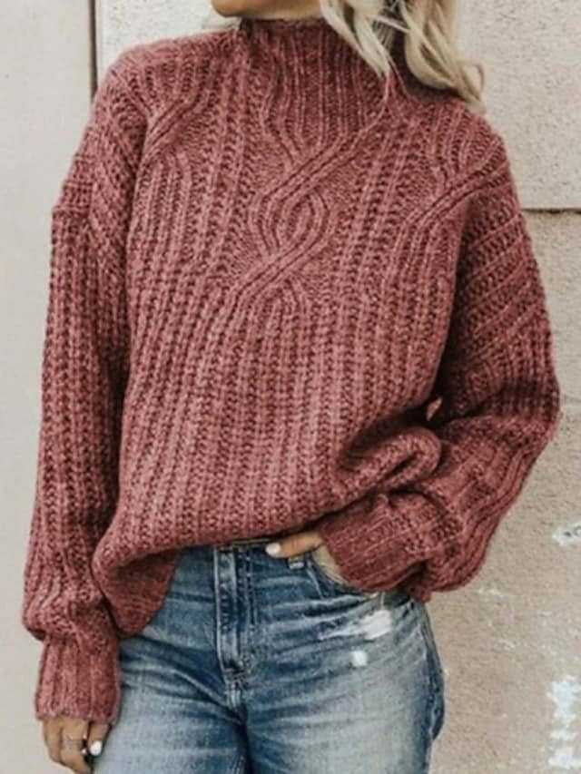 Women's rose cable knit turtleneck sweater with long sleeves and ribbed cuffs