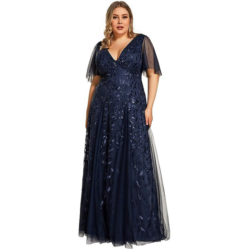 Navy blue sequined mesh bridesmaid dress, V-neck, short sheer sleeves, mermaid hem