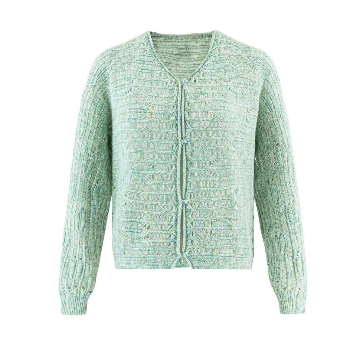 Mint green hollow knit cardigan with button-front V-neck, long sleeves