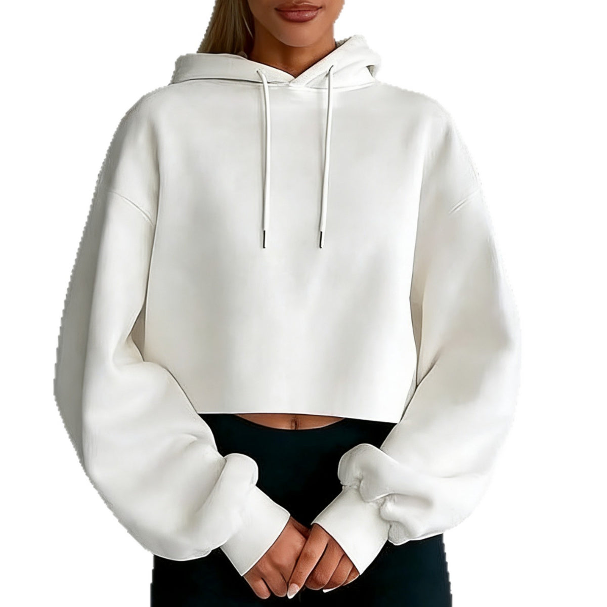 White cropped hooded sweatshirt with drawstring hood and long sleeves