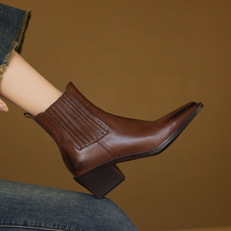 Brown leather Chelsea boots with square toe and thick block heel, side elastic panel