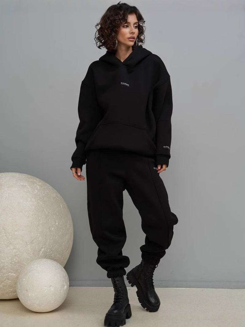 Black hooded sweatshirt and matching jogger pants set with kangaroo pocket