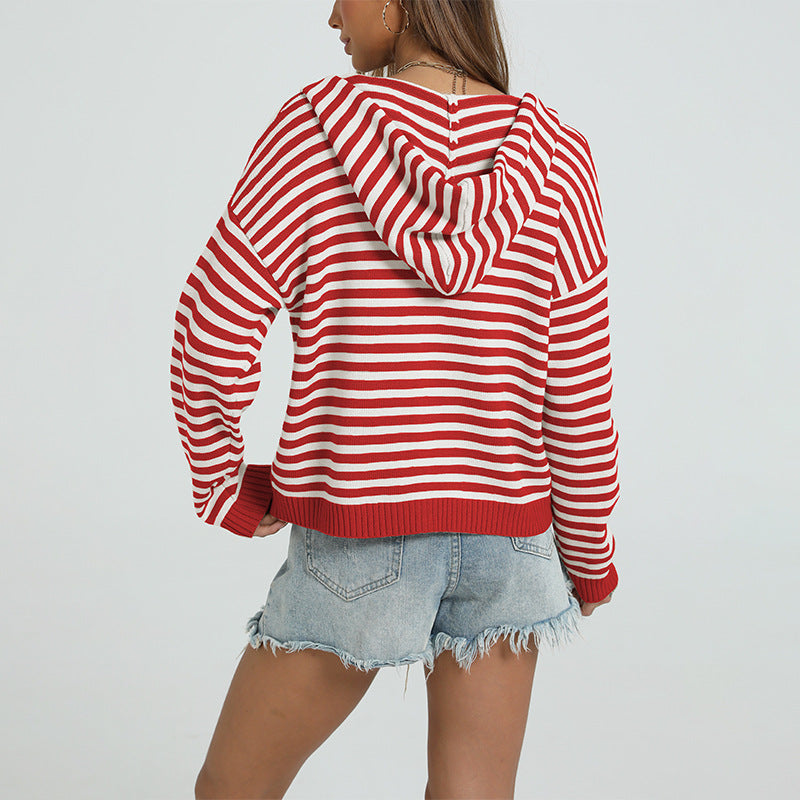 Red-and-white striped hooded knit zip cardigan, back view with hood down