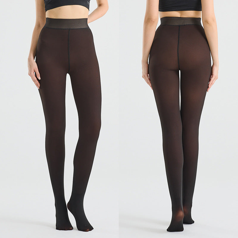 Women’s sheer fleece-lined thick leggings pantyhose, dark brown, front and back