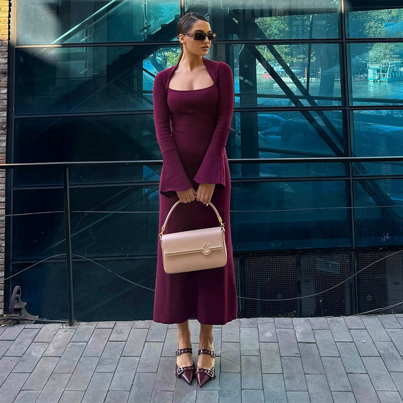 Dark purple square-neck midi knit dress with long sleeves and flared cuffs