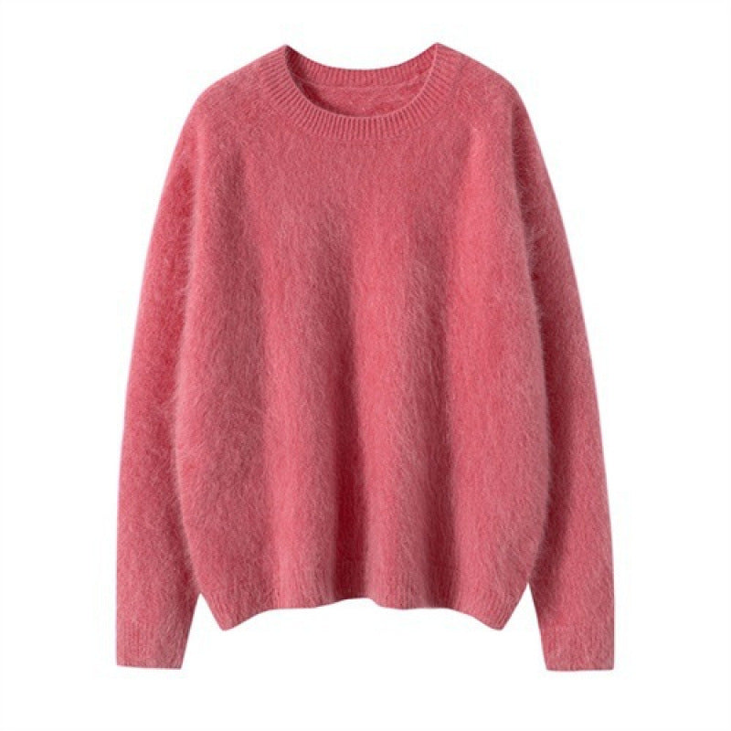 Pink round-neck cashmere pullover sweater, long sleeves, classic loose fit
