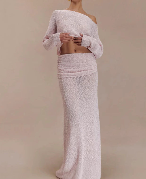 Women's knitted two-piece maxi dress set, pink long-sleeve one-shoulder top and skirt