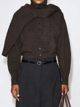 Dark brown high-neck button-front textured knit cardigan, relaxed fit