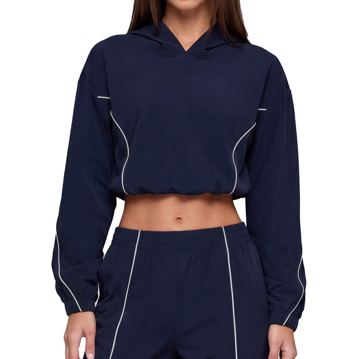 Navy hooded sun protection jacket with contrast piping, cropped fit