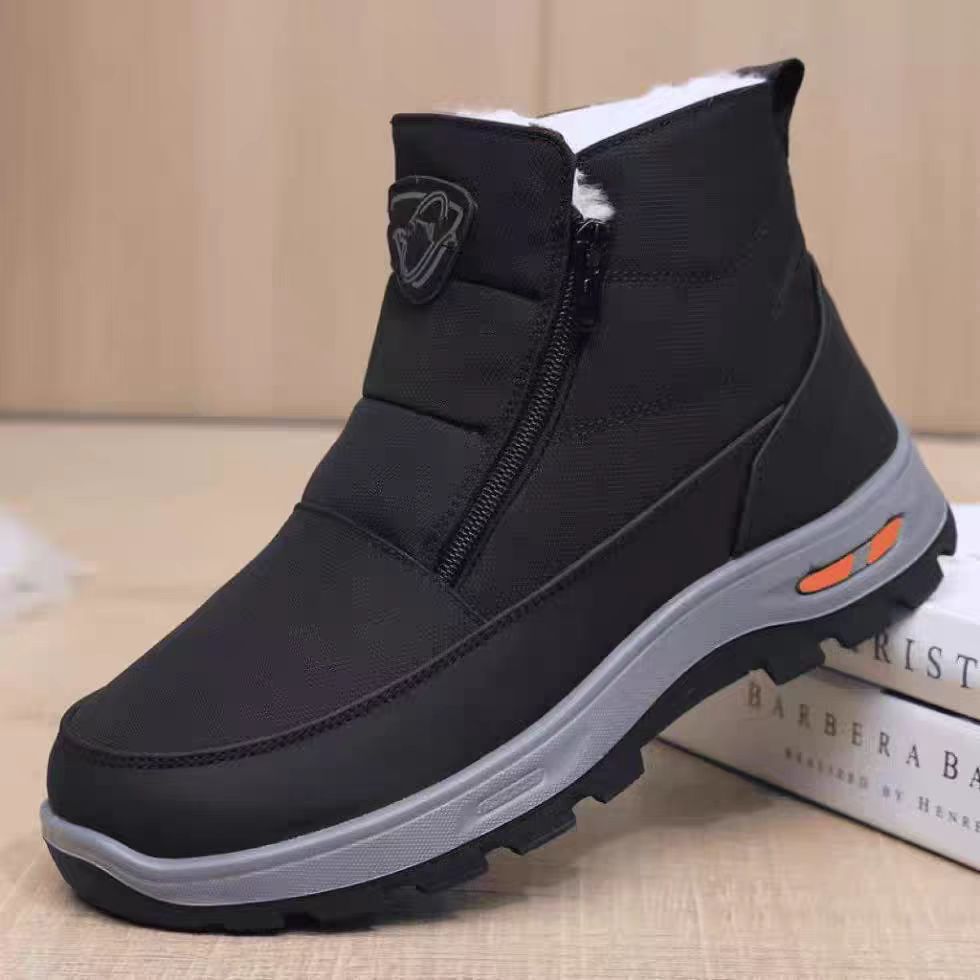 Black short winter boots with side zipper, padded collar, and thick gray rubber sole